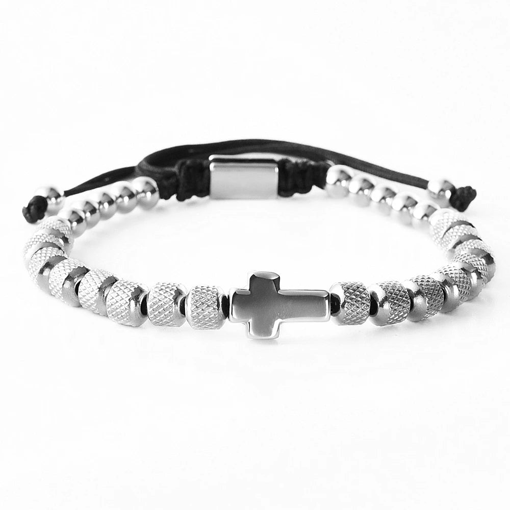Charm Bracelet Cross Stainless Steel Beaded Bracelets Handmade Men Women'S Prayer Fitness Chain Couple Jewelry