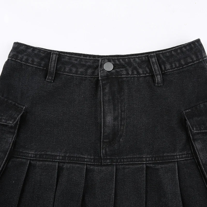 AltGoth Harajuku Y2k Denim Skirt Women Dark Gothic Streetwear Mini Skirt with Skull Belt Mall Goth Punk Grunge Sexy Emo Clubwear
