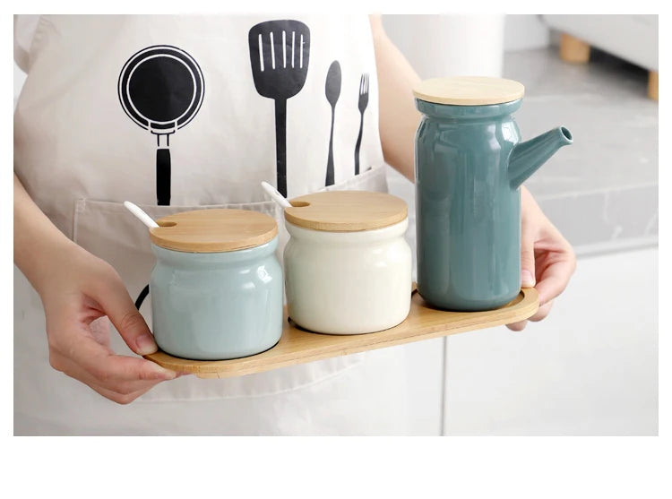 Nordic Ceramic Spice Rack Salt Shaker Pepper Vinegar Oil Bottle Sugar Chili Condiment Box Spices Storage Jar Set Home Kitchen