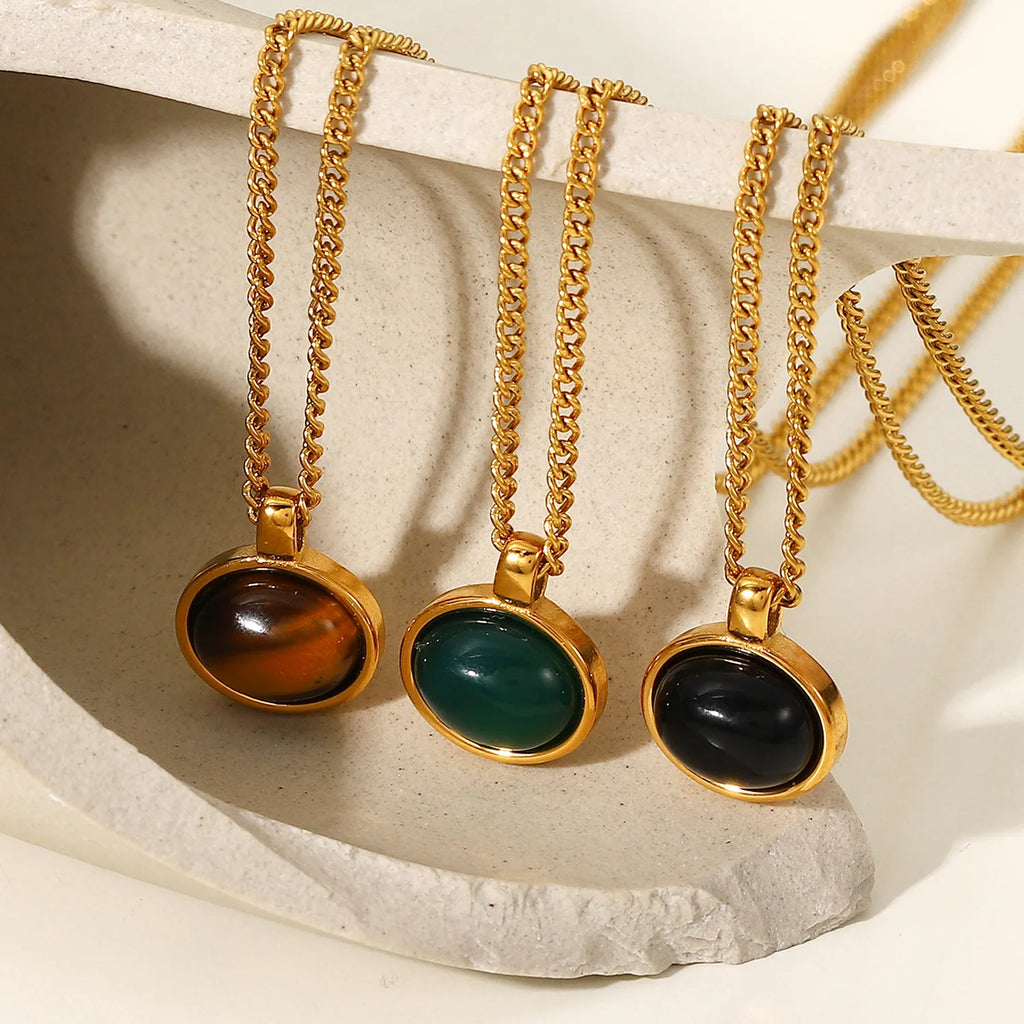 Fashion Oval Natural Tiger Eyes Gemstone Pendant Necklace Women'S 18K Gold Plated Stainless Steel Chain Necklace