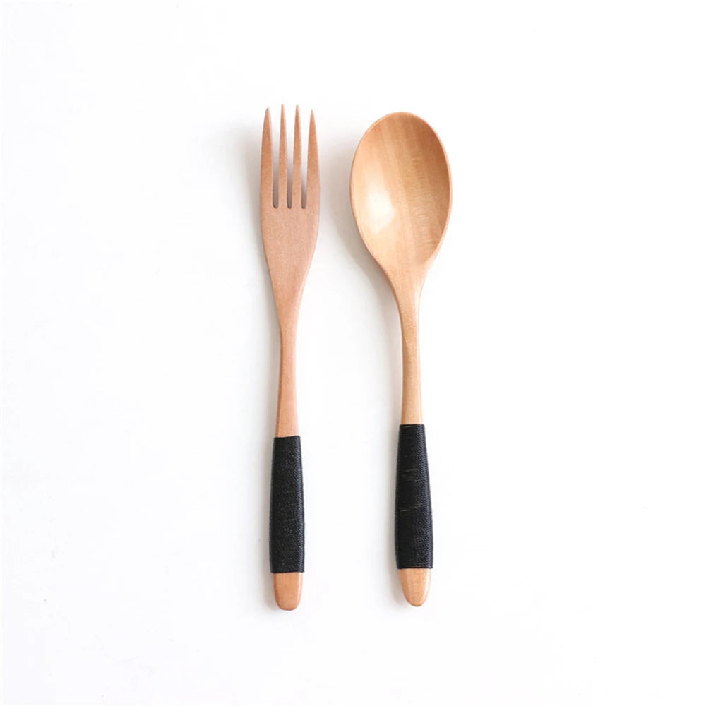 2 Cucharas y Tenedores de Madera Natural para Cena, Kit de Utensilios para Arroz, Sopas, Cereales, Hecho a Mano, Vajilla para Mesa de Hogar, Cubiertos para Cocina