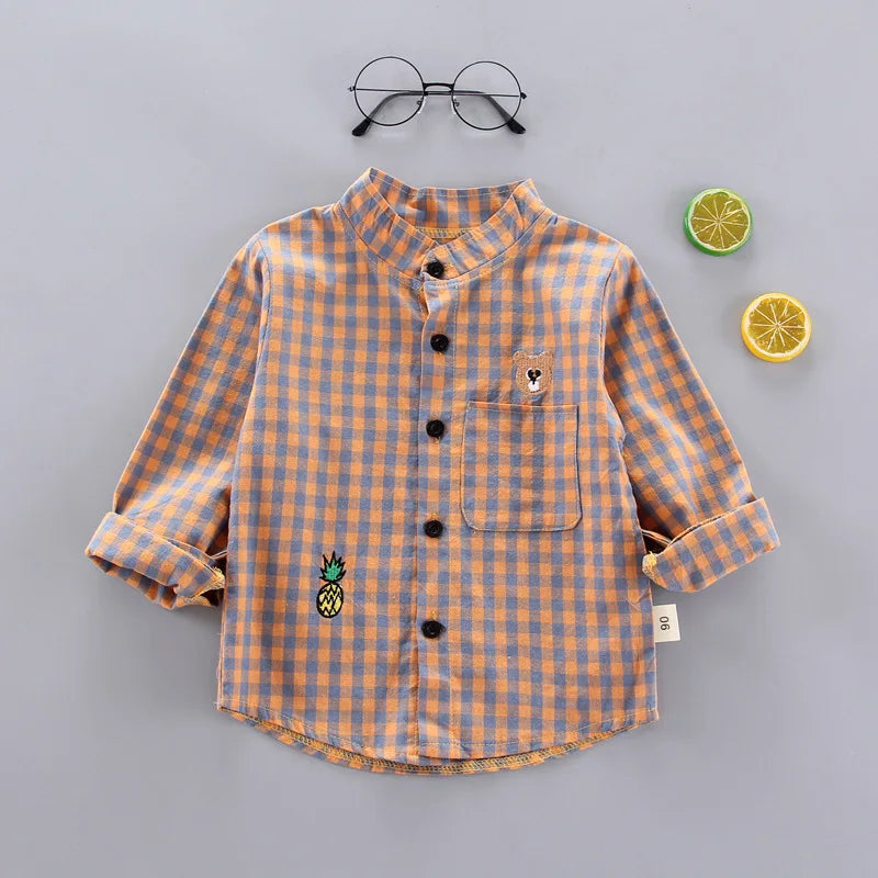 Ienens Kids Plaid Long Sleeve Shirt - Cotton Blend Preppy Style