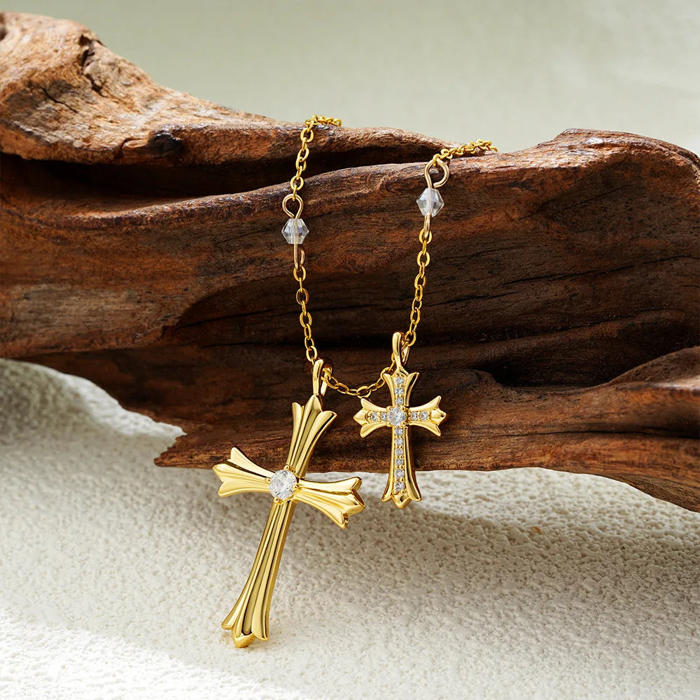 Stainless Steel Igi Certificate 18K Gold Plated Cross Crystal Rhinestone Bamboo Chain Pendant Necklace For Anniversary Wedding