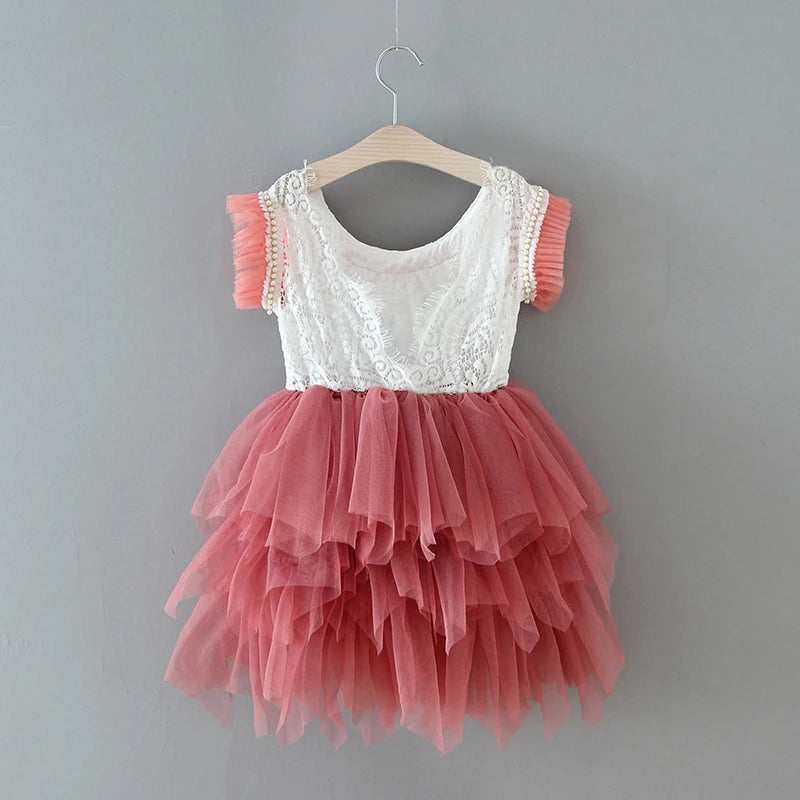 New Girl Dress Kids Flower Princess  Beading Dress for Baby Birthday Kids Flutter Sleeve Cake Dresses Children Clothing Caramel
