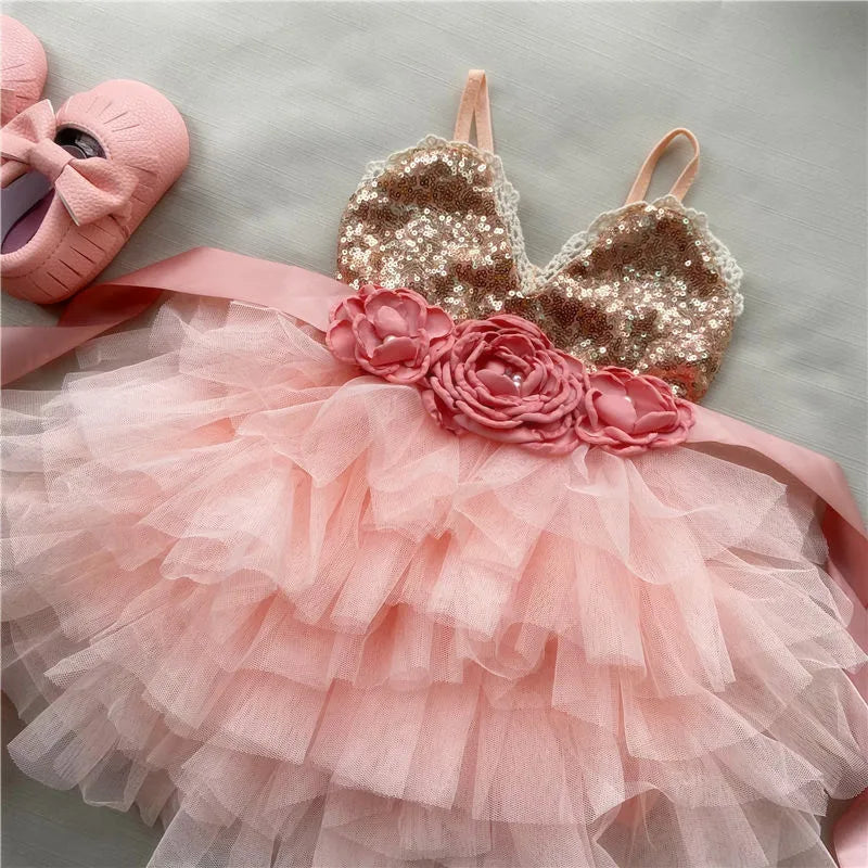Shinny Flower Girls Christmas Dress for Kids Toddle Party Gown Gold Sequined Layered Tutu Dress Children New Year Dress Clothing