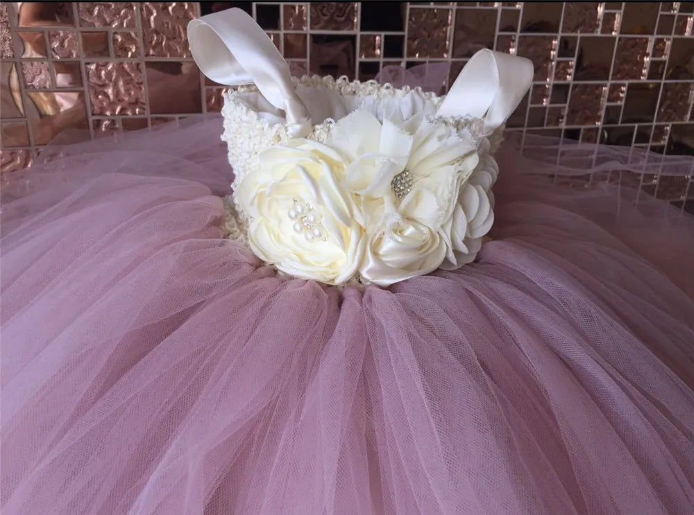 Lovely Girls Dirty Pink Tutu Dress Kids Crochet Flower Dress with Straps and Roses Children Birthday Party Cosplay Costume Dress