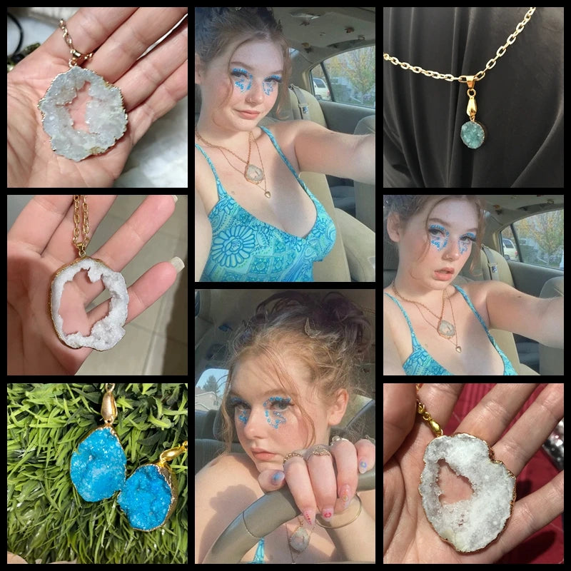 Metal chain healing energy necklace for women Dyed Natural crystal agat druzy crystal Minerals gem stone pendant charm necklace
