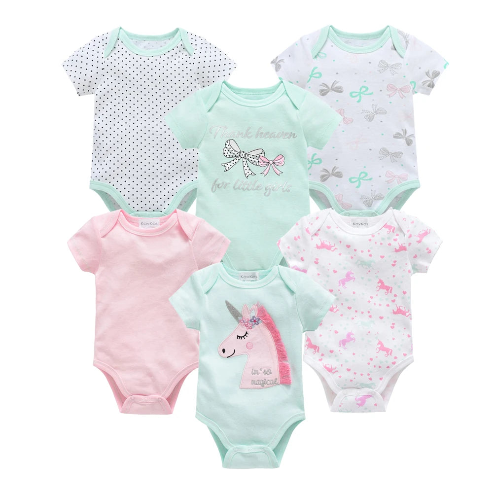 Kavkas Baby Bodysuits Short Sleeve Cotton Cartoon Print - 3-6 Pack