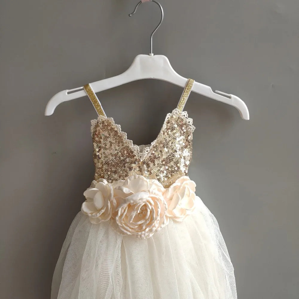 Shinny Flower Girls Christmas Dress for Kids Toddle Party Gown Gold Sequined Layered Tutu Dress Children New Year Dress Clothing