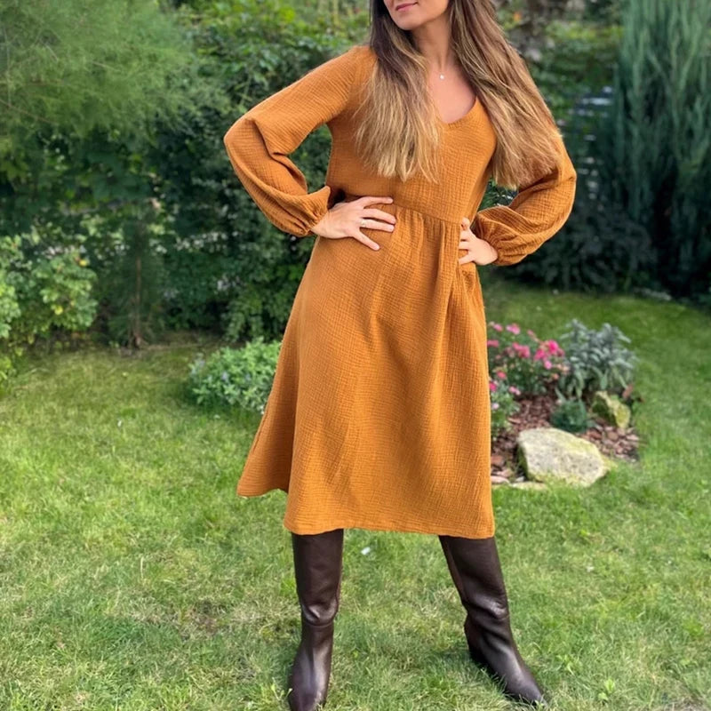Casual 100% Cotton Women'S Dresses Muslin Sexy V-Neck Long Sleeve Elegant Maxi Dress Midi Robe Female Clothing