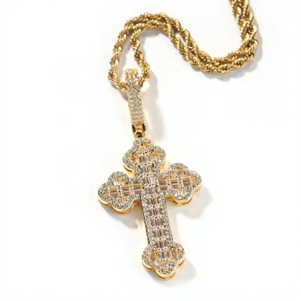 New Fashion Pvd Gold Plated Iced Out Bling 5A Cross Pendant Necklace Twisted Singapore Chain Hip Hop Jewelry For Men