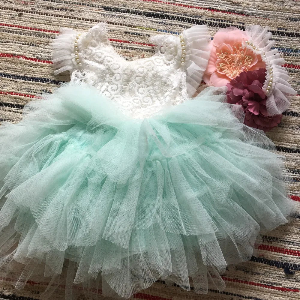 Spanish Toddler Girls Beading Dress for Baby Baptism Dress Birthday Kids Flutter Sleeve Tutu Princess Vestido Clothing