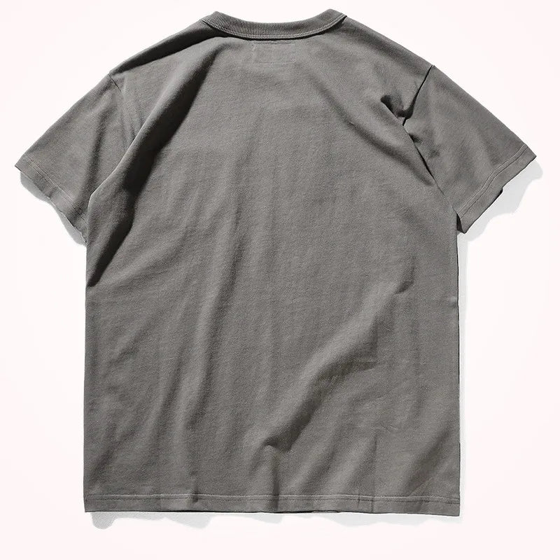 2025 Summer New Pocket T-shirt Men's Short-sleeved Retro Solid Color Simple Round Neck Heavy Weight Washed Old Bottoming Tops