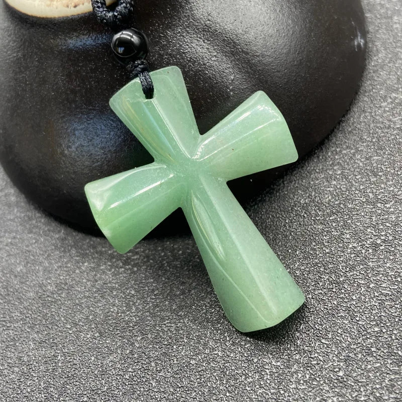 Joya Hand Carved Gemstone Cross Pendant Necklace For Men & Women'S With Adjustable Rope Quartz Crystal Jesus Punk Jewelry