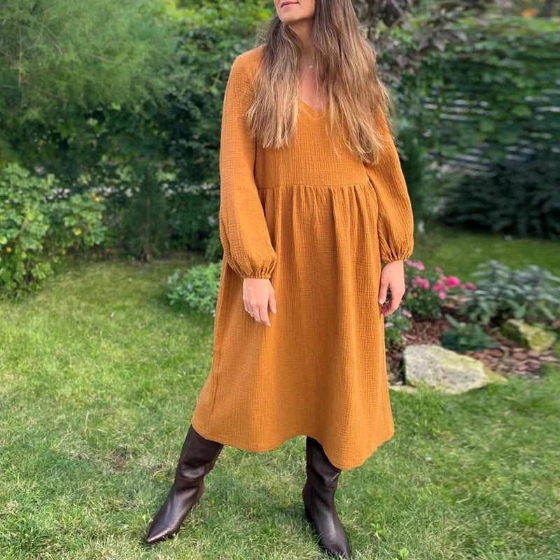 Casual 100% Cotton Women'S Dresses Muslin Sexy V-Neck Long Sleeve Elegant Maxi Dress Midi Robe Female Clothing