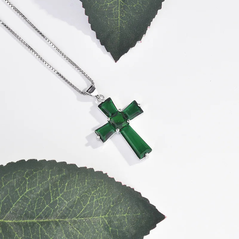 Handmade Emerald Cross Pendant Real 925 Sterling Silver Wedding Pendants Necklace For Women'S Men Genuine Gemstone Jewelry