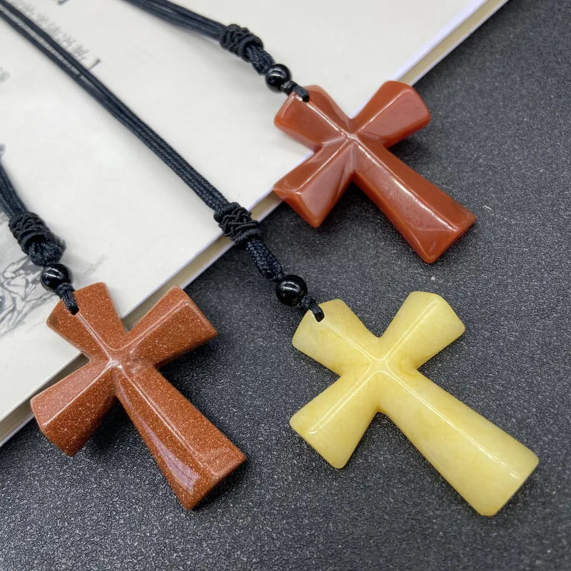 Joya Hand Carved Gemstone Cross Pendant Necklace For Men & Women'S With Adjustable Rope Quartz Crystal Jesus Punk Jewelry