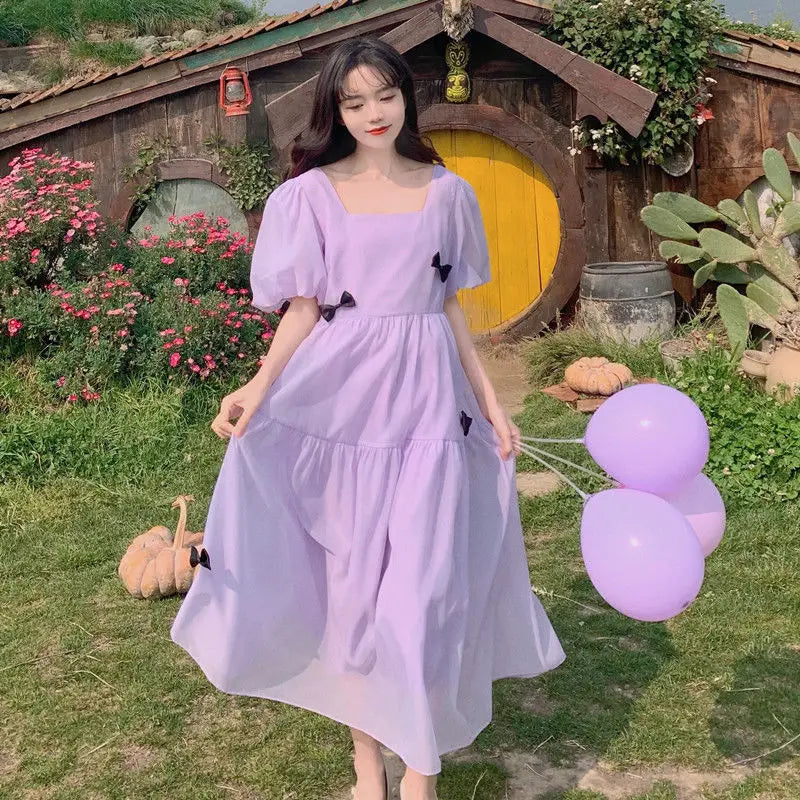 French Square Neck Puff Sleeve Dress Women Mesh Bow Loose Long Summer New Purple Dresses Female
