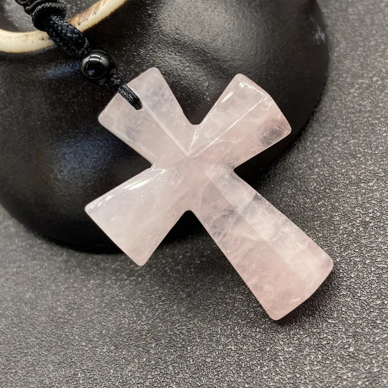 Joya Hand Carved Gemstone Cross Pendant Necklace For Men & Women'S With Adjustable Rope Quartz Crystal Jesus Punk Jewelry