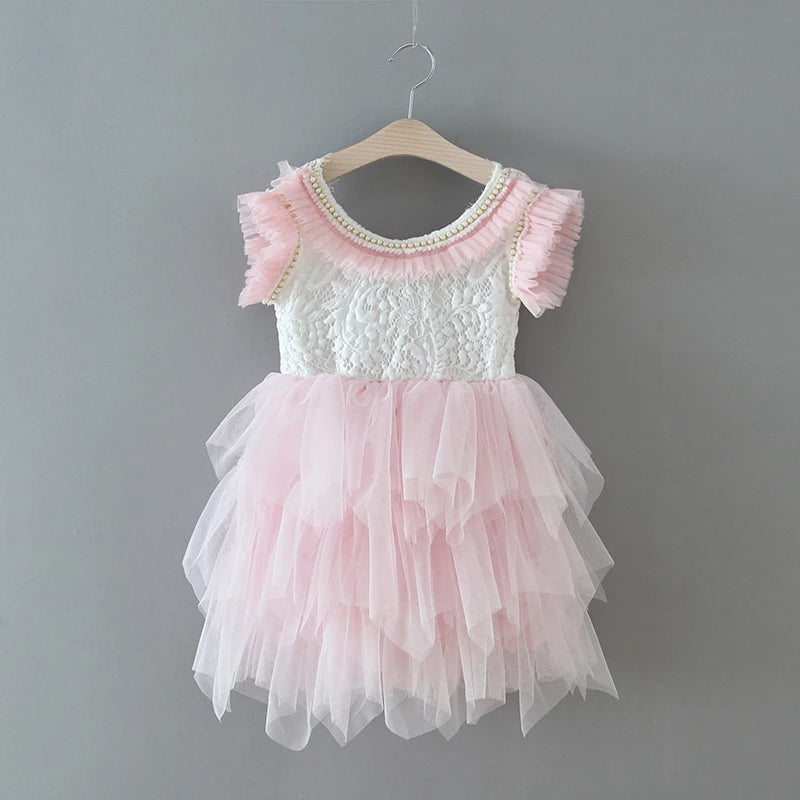 New Girl Dress Kids Flower Princess  Beading Dress for Baby Birthday Kids Flutter Sleeve Cake Dresses Children Clothing Caramel