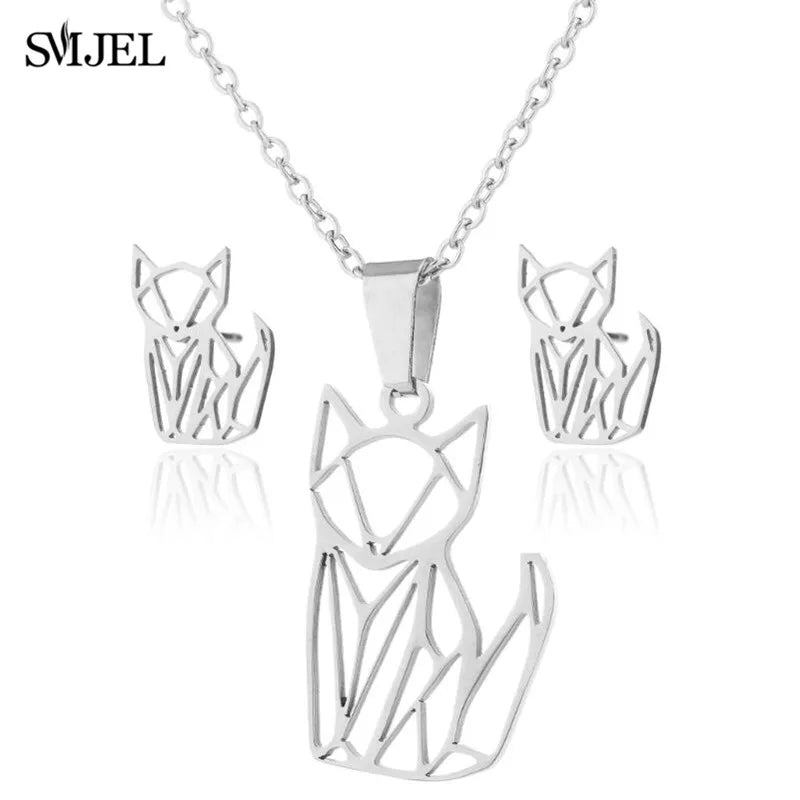 Hermoso juego de joyas de acero inoxidable con forma de gato gatito de color dorado, collares para hombre, collares de moda, pendientes de gato huecos, collar de pata