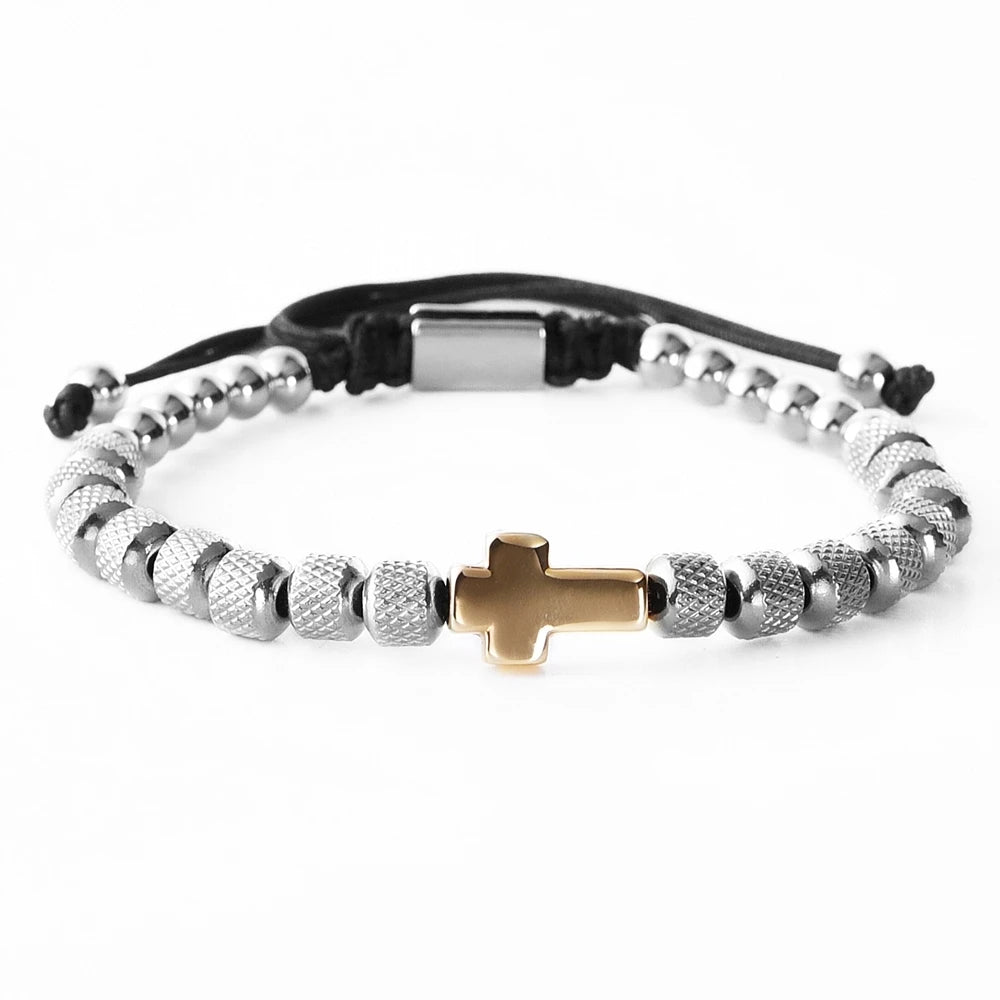 Cross Stainless Steel Beaded Bracelet Handmade Prayer Fitness Jewelry For Men And Women