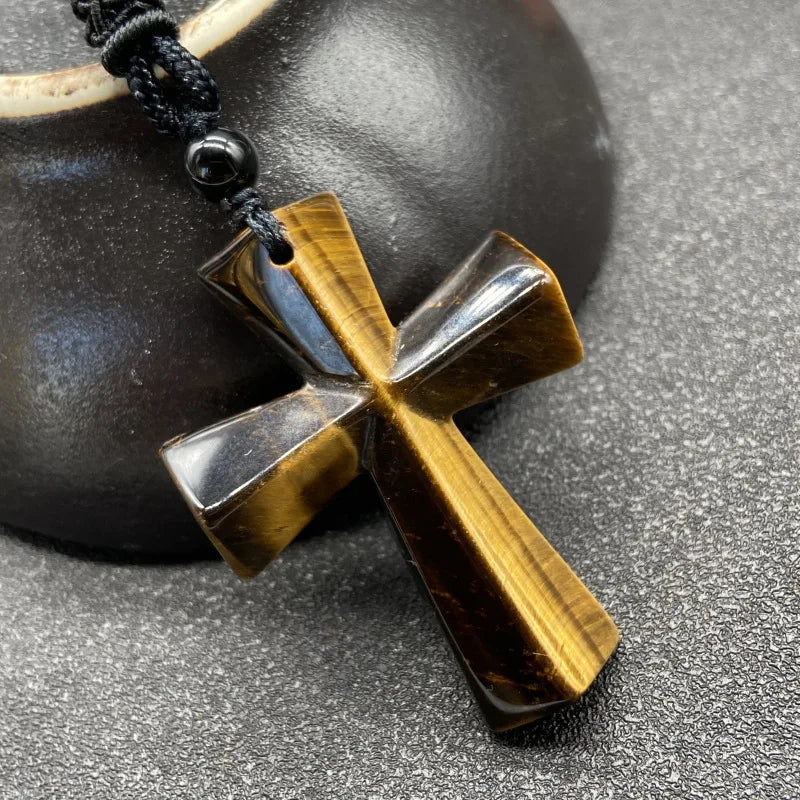 Joya Hand Carved Gemstone Cross Pendant Necklace For Men & Women'S With Adjustable Rope Quartz Crystal Jesus Punk Jewelry