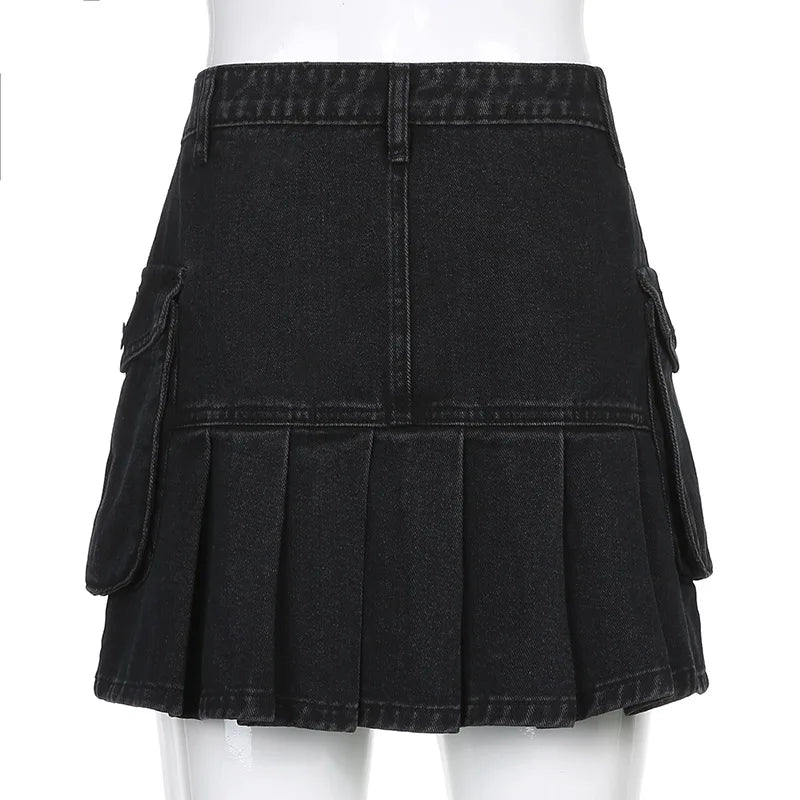 AltGoth Harajuku Y2k Denim Skirt Women Dark Gothic Streetwear Mini Skirt with Skull Belt Mall Goth Punk Grunge Sexy Emo Clubwear