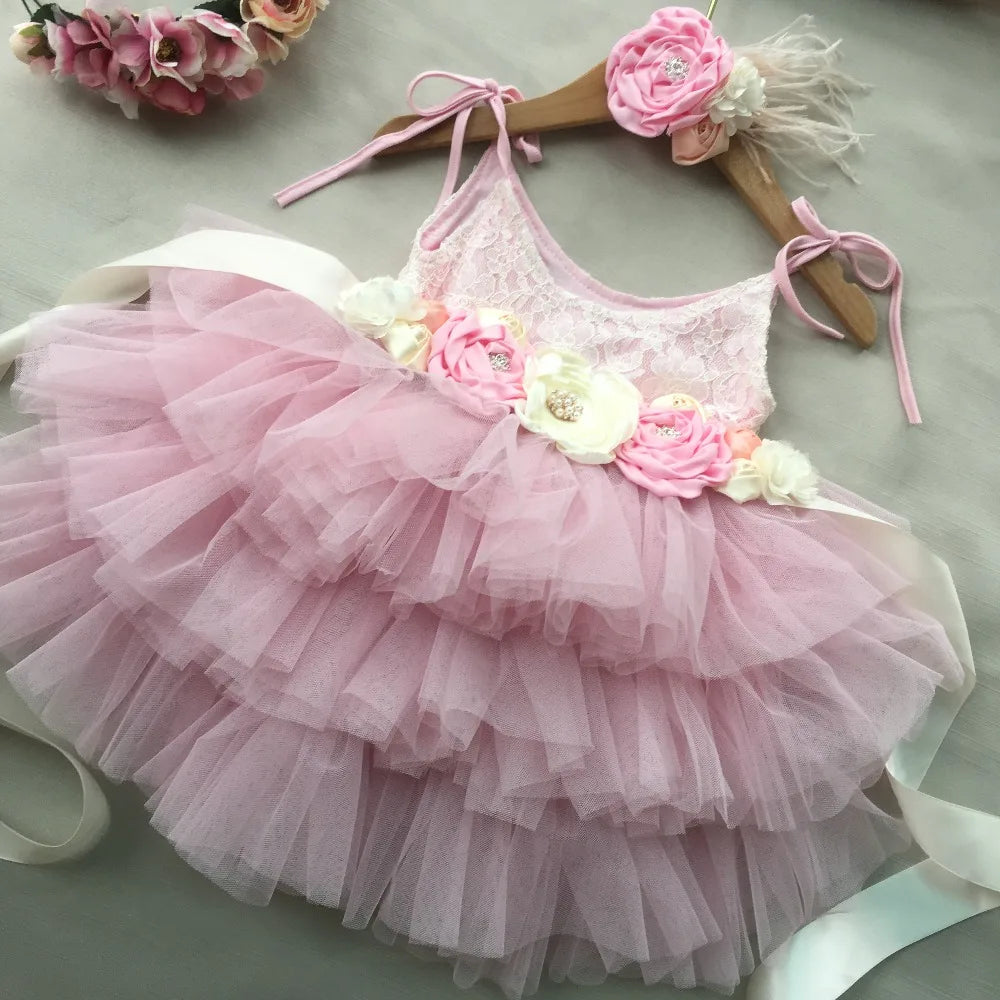 New Born Baby Girls Birthday Dress for Kids Flowers Girls Party Tutus Costume Belt Headband 3pcs Outfit Set Princess Vestidos