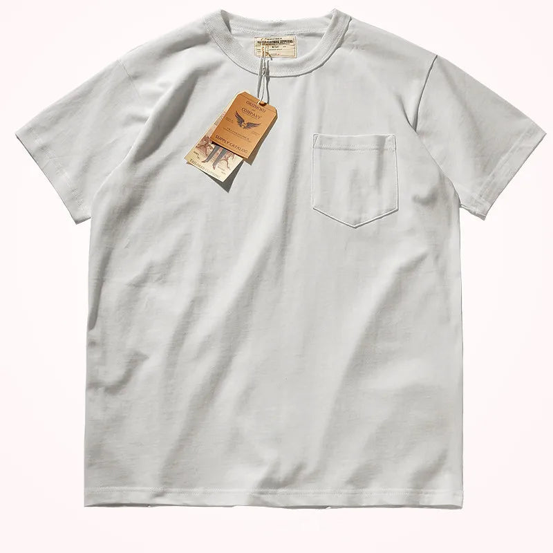 2025 Summer New Pocket T-shirt Men's Short-sleeved Retro Solid Color Simple Round Neck Heavy Weight Washed Old Bottoming Tops