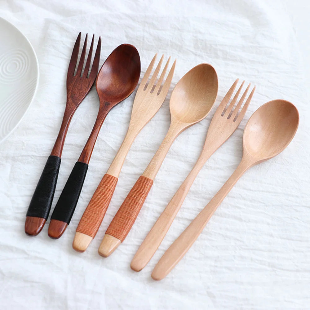 2 Cucharas y Tenedores de Madera Natural para Cena, Kit de Utensilios para Arroz, Sopas, Cereales, Hecho a Mano, Vajilla para Mesa de Hogar, Cubiertos para Cocina