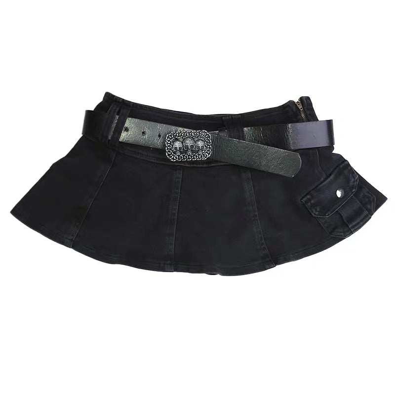 AltGoth Harajuku Y2k Denim Skirt Women Dark Gothic Streetwear Mini Skirt with Skull Belt Mall Goth Punk Grunge Sexy Emo Clubwear