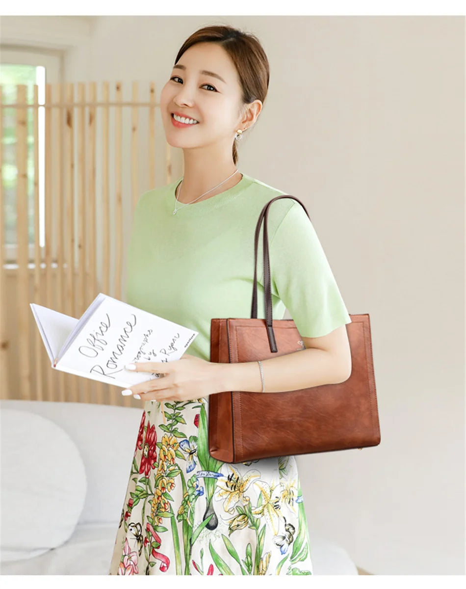 Vintage Large Capatity Tote Shoulder Bags Fashion Top-Handle Bags High Quality Leather Bags Casual Letter Design Handbag