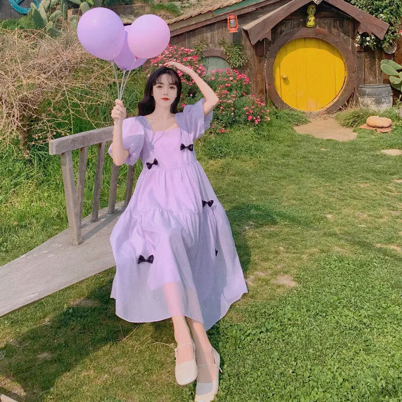 French Square Neck Puff Sleeve Dress Women Mesh Bow Loose Long Summer New Purple Dresses Female