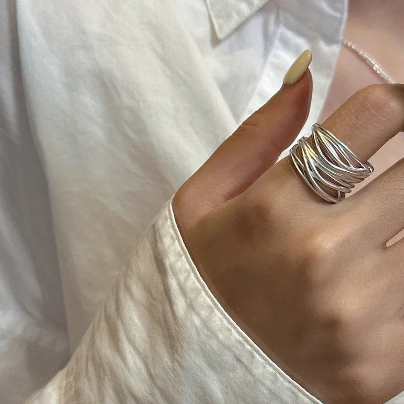 Geometric Multi-Layer Twisted Matte Plating Wide Face Open Rings For Women'S 925 Sterling Silver Fine Jewelry