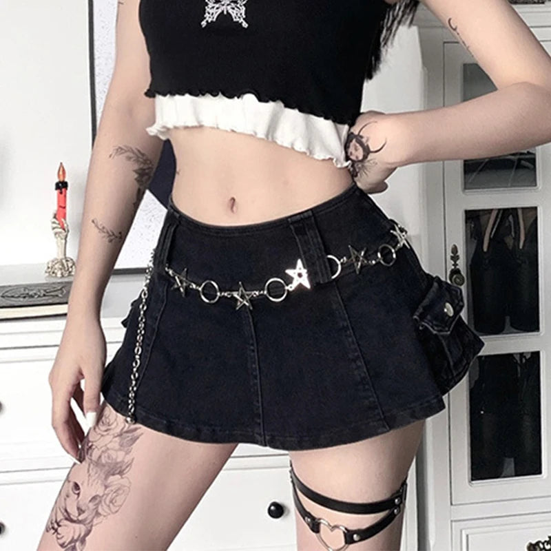 AltGoth Harajuku Y2k Denim Skirt Women Dark Gothic Streetwear Mini Skirt with Skull Belt Mall Goth Punk Grunge Sexy Emo Clubwear