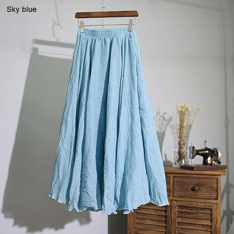 Women's Elegant High Waist Linen Maxi Skirt 2026 Summer Ladies Casual Elastic Waist 2 Layers Skirts Saia Feminina 20 Colors SK53