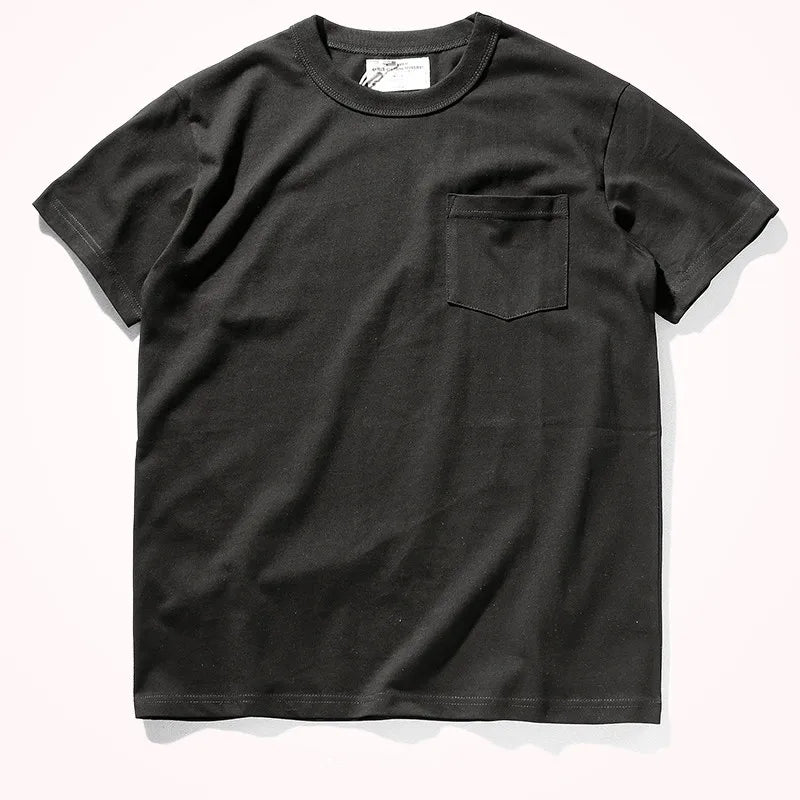 2025 Summer New Pocket T-shirt Men's Short-sleeved Retro Solid Color Simple Round Neck Heavy Weight Washed Old Bottoming Tops