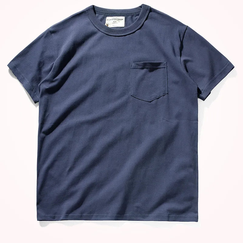 2025 Summer New Pocket T-shirt Men's Short-sleeved Retro Solid Color Simple Round Neck Heavy Weight Washed Old Bottoming Tops