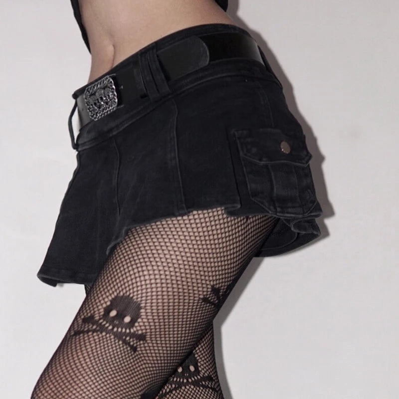 AltGoth Harajuku Y2k Denim Skirt Women Dark Gothic Streetwear Mini Skirt with Skull Belt Mall Goth Punk Grunge Sexy Emo Clubwear