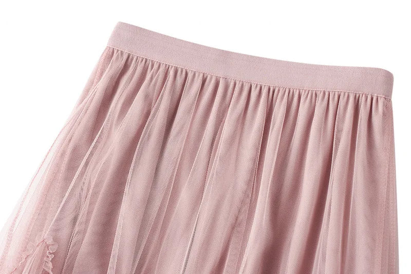 OHRYIYIE Women irregular Long Tulle Skirts Ladies High Waist Ankle-Length Tutu Maxi Skirts Beige Green Female Faldas Jupe Femme