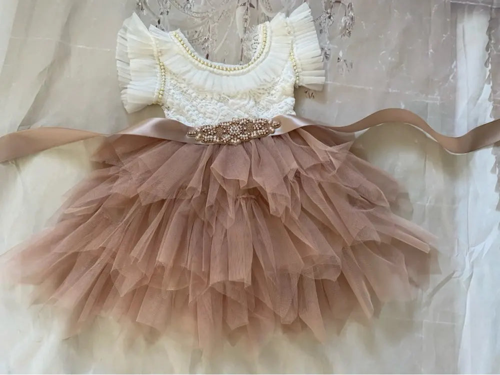 New Girl Dress Kids Flower Princess  Beading Dress for Baby Birthday Kids Flutter Sleeve Cake Dresses Children Clothing Caramel