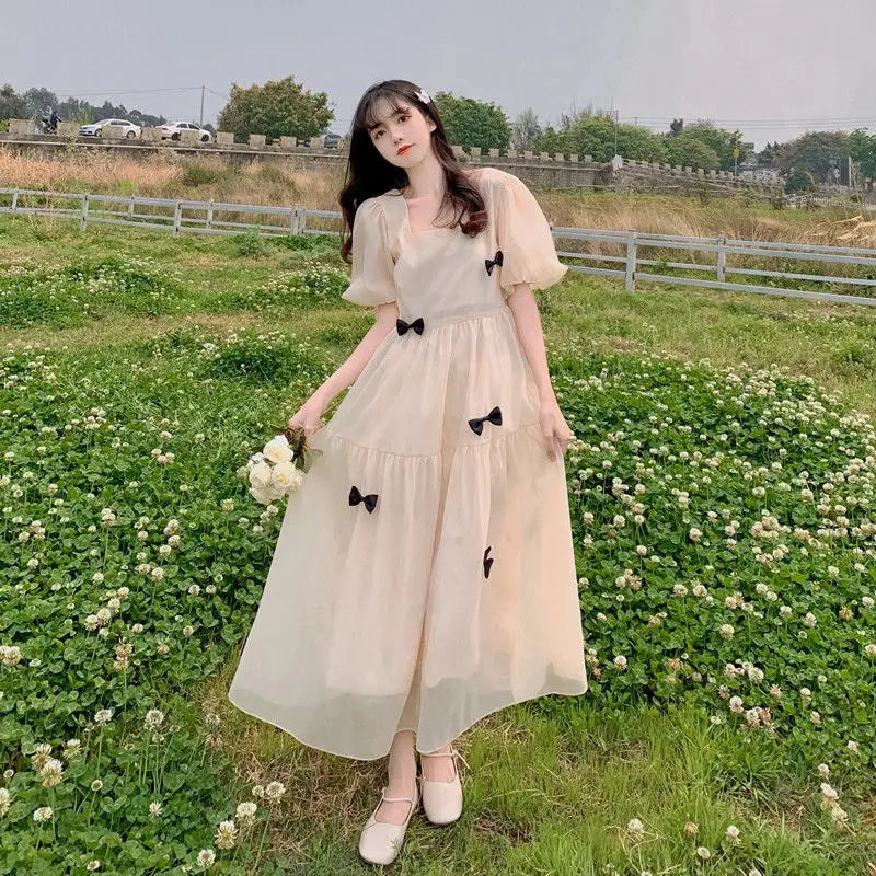 French Square Neck Puff Sleeve Dress Women Mesh Bow Loose Long Summer New Purple Dresses Female