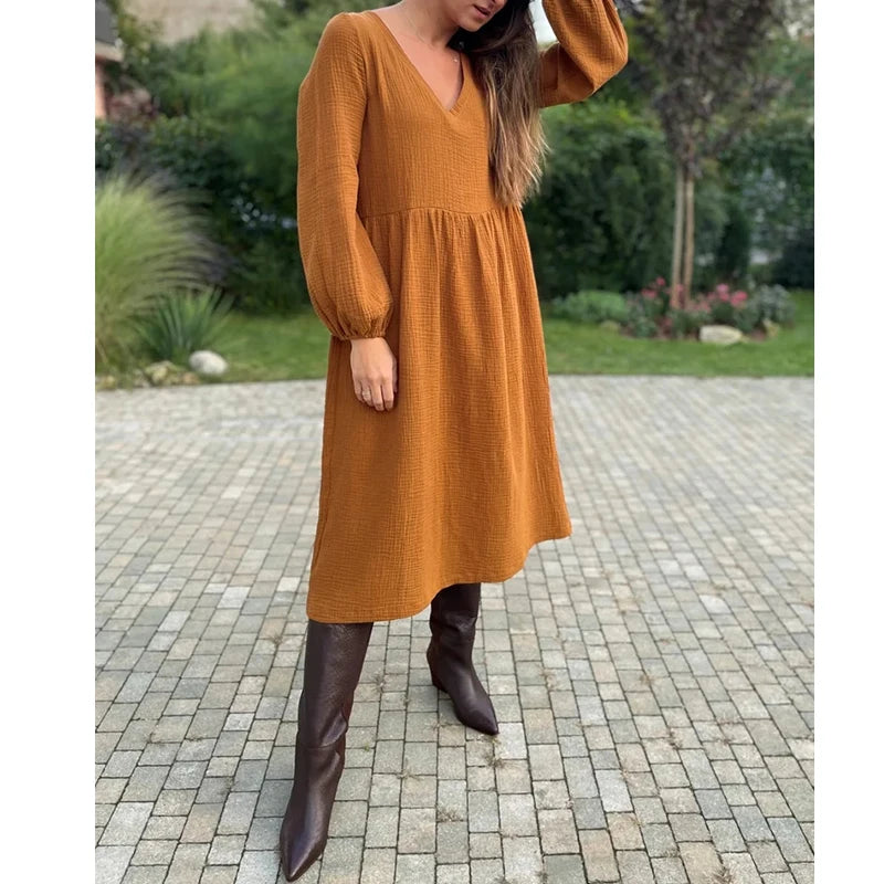 Casual 100% Cotton Women'S Dresses Muslin Sexy V-Neck Long Sleeve Elegant Maxi Dress Midi Robe Female Clothing