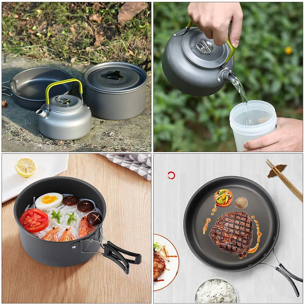 Juego de utensilios de cocina para acampada al aire libre, olla antiadherente de aluminio, vajilla portátil para exteriores, olla para cocinar, cuenco, senderismo, barbacoa, picnic