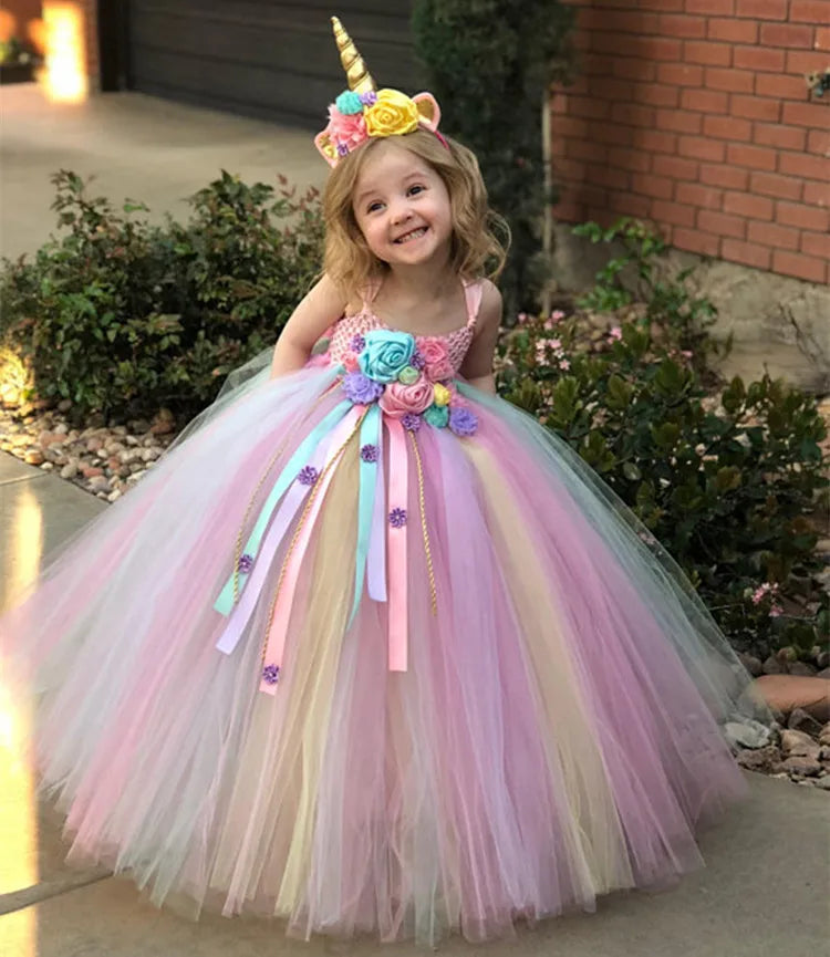 Girls Unicorn Pastel Tutu Ball Gown – Crochet Strap Dress with Daisy Ribbons, Ages 6M–12Y