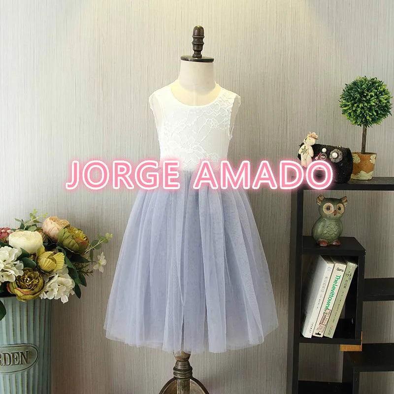 Summer Girl Dress Eyelashes Back Thin Lace Top Flat Skirt Tulle Gauze Princess Dress Children Clothing E15180