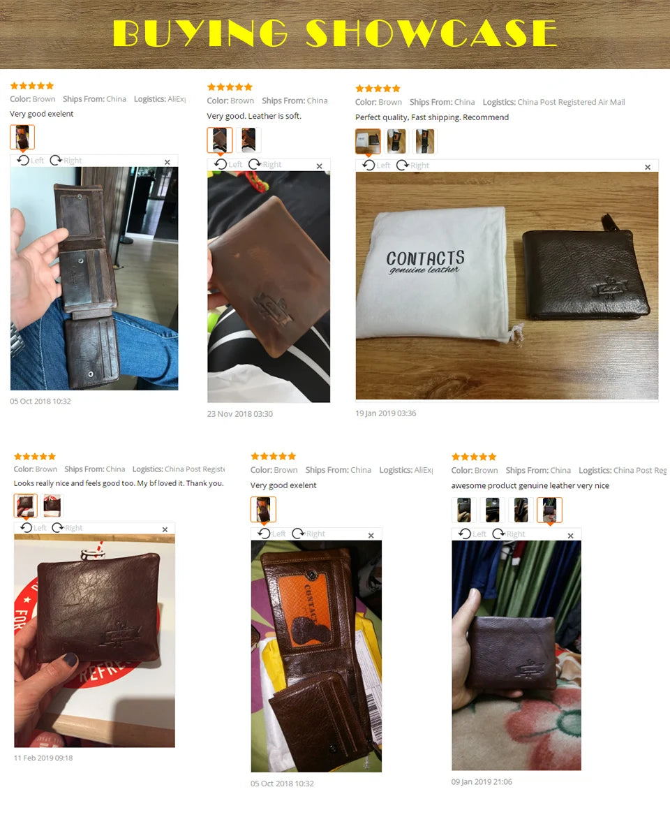 Contact’S Men’s Trifold Wallet - Genuine Crazy Horse Cowhide Leather