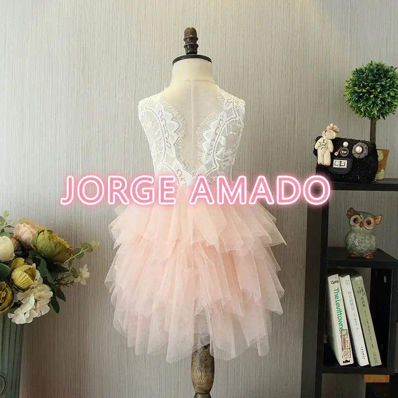 Summer Girl Dress Eyelashes Back Thin Lace Top Flat Skirt Tulle Gauze Princess Dress Children Clothing E15180