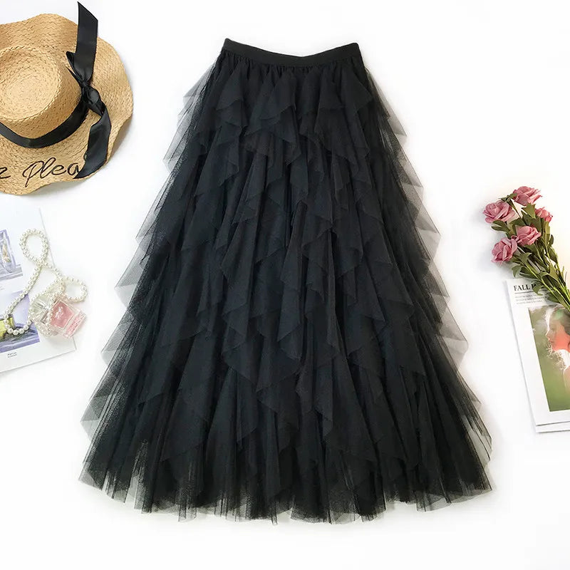 Fashion Tutu Tulle Skirt Women Long Maxi Skirt 2024 Spring Summer Korean Black Pink High Waist Pleated Skirt Female